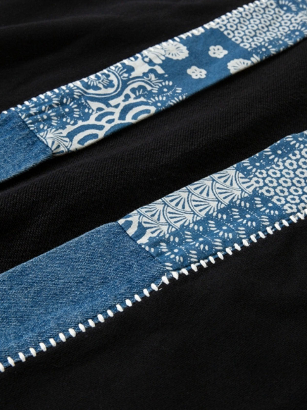 製品画像: ヴィンテージ パッチワーク ノーカラー はんてん、100% コットン、エレガントなブループリント、ヴィンテージスタイル、クラシックデザイン
詳細画像: パッチワークデザインとクラシックな前立てを特徴とするヴィンテージ パッチワーク ノーカラー はんてんのディテール
モデル画像: ヴィンテージスタイルのパッチワーク ノーカラー はんてんを着用したモデル、文化的なプリントデザイン、100% コットン