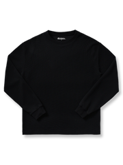 製品画像: ワッフルクルーネック カジュアルTシャツの正面ビュー
詳細画像: ワッフル生地のディテールとシルケット加工の質感を強調した特写