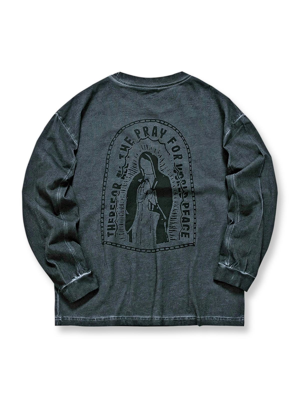 製品画像: ヴィンテージ聖母マリアプリント 長袖Tシャツの背面
詳細画像: Tシャツ背面に施されたヴィンテージ調聖母マリアプリントのディテール