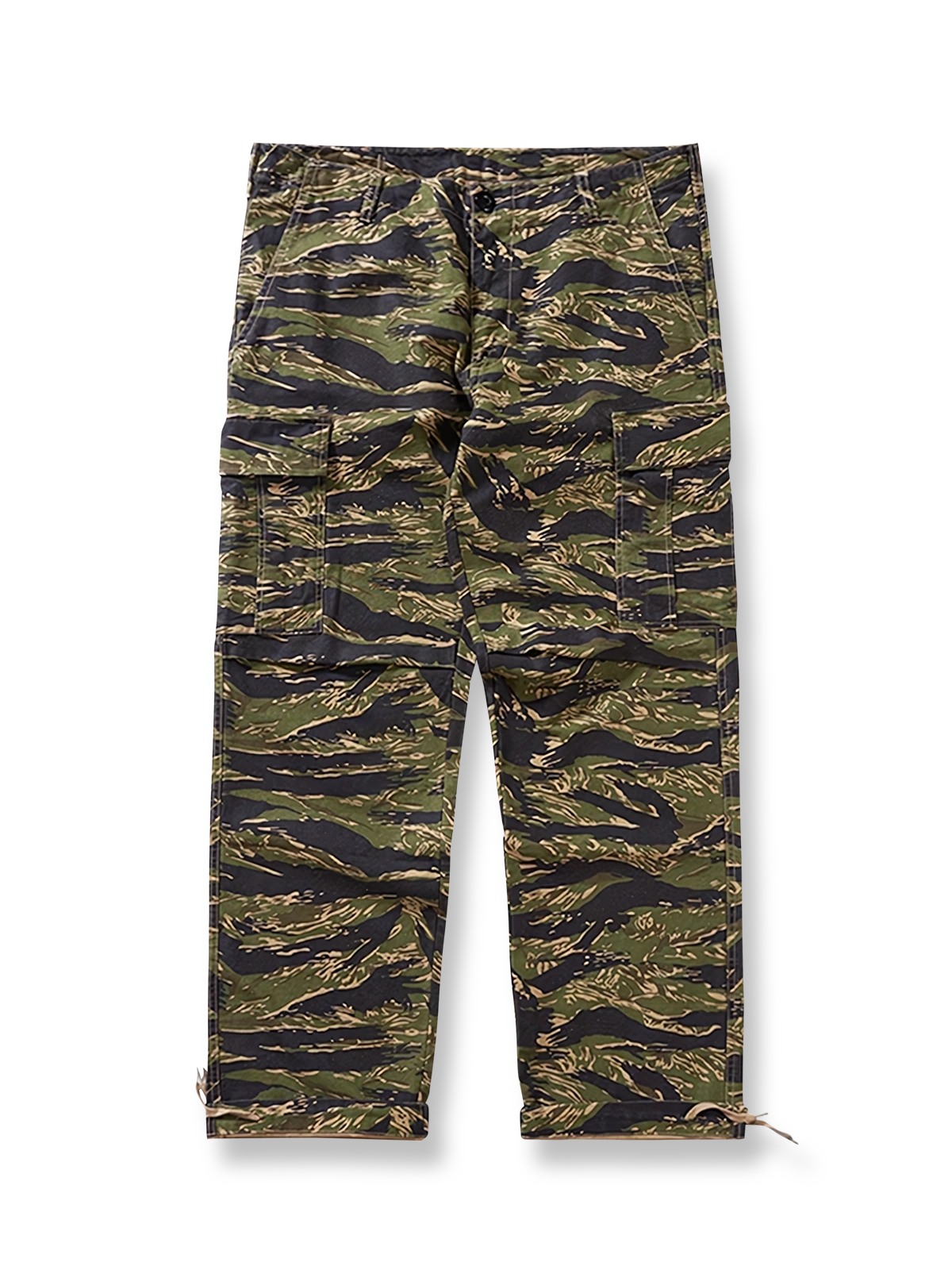 製品画像: タイガーストライプ迷彩M65カーゴパンツの平置き画像
詳細画像: カーゴパンツの多機能ポケットとタイガーストライプ迷彩のディテール画像