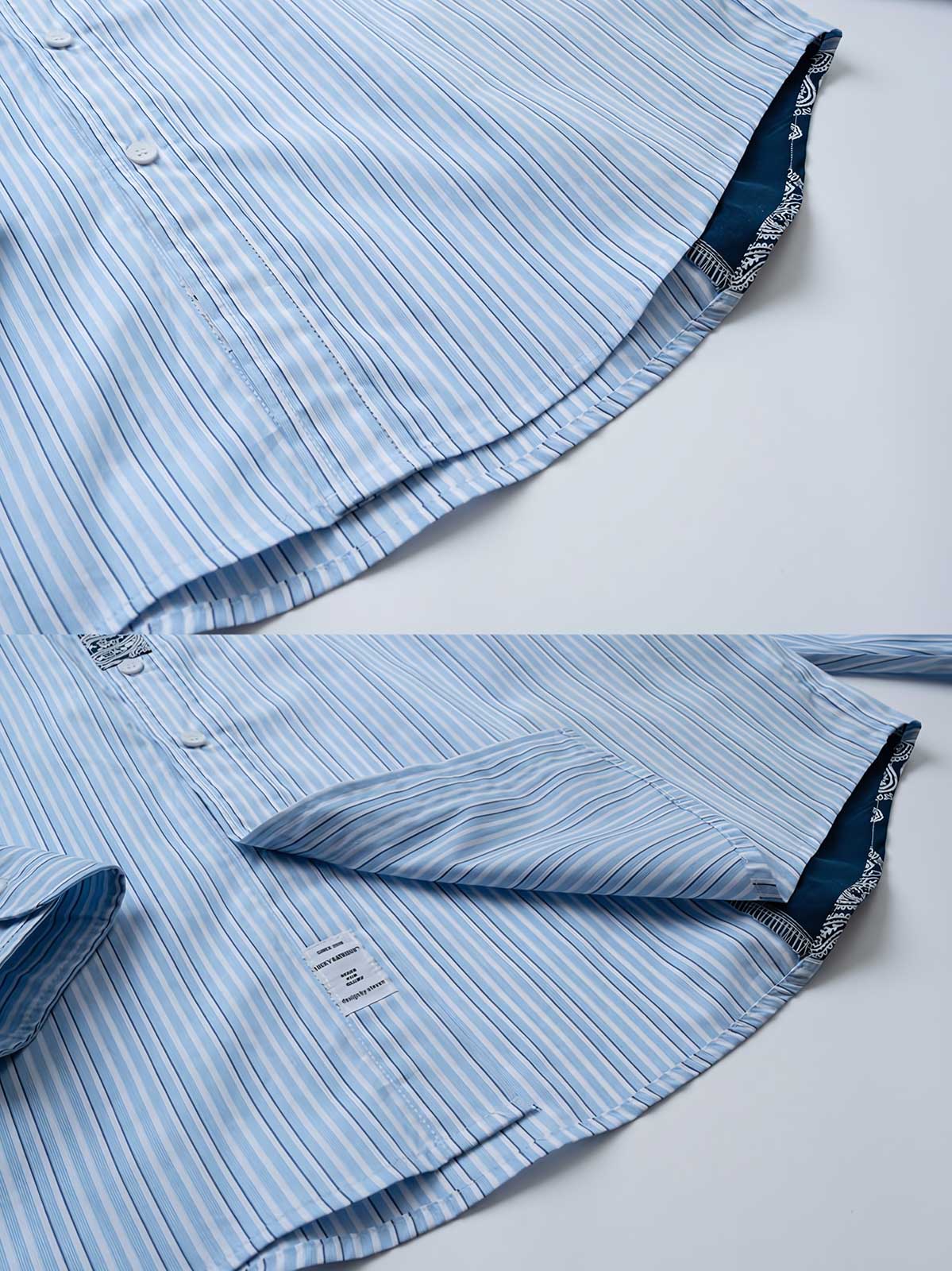 製品画像: 民族風ペイズリーパッチワークブルーストライプ長袖シャツの平置き画像
詳細画像: シャツのペイズリー柄パッチワークとストライプデザインのディテール