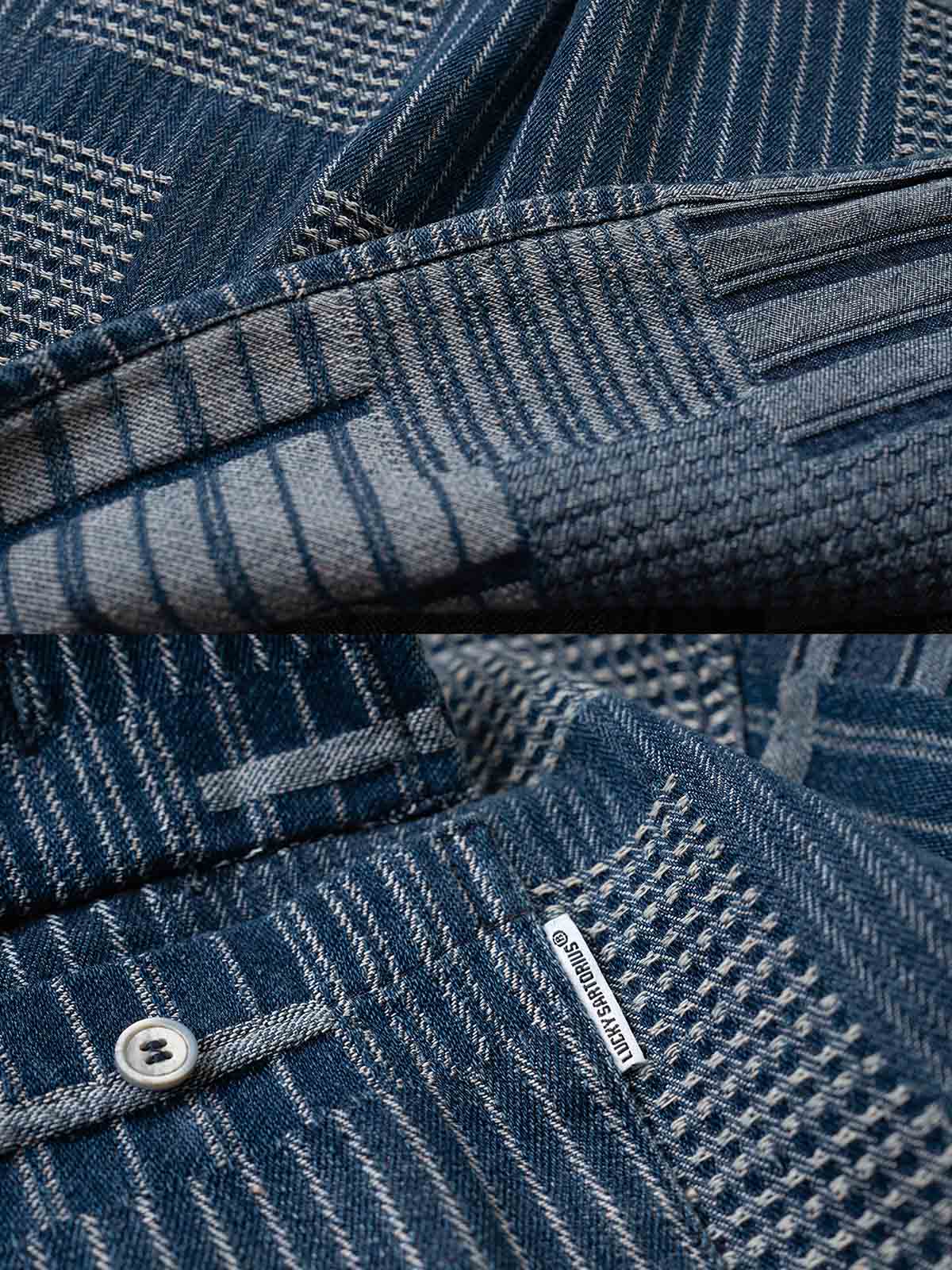 製品画像: ヴィンテージ不規則パッチワークデニム長袖シャツの平置き画像
詳細画像: デニムシャツの不規則パッチワークディテール