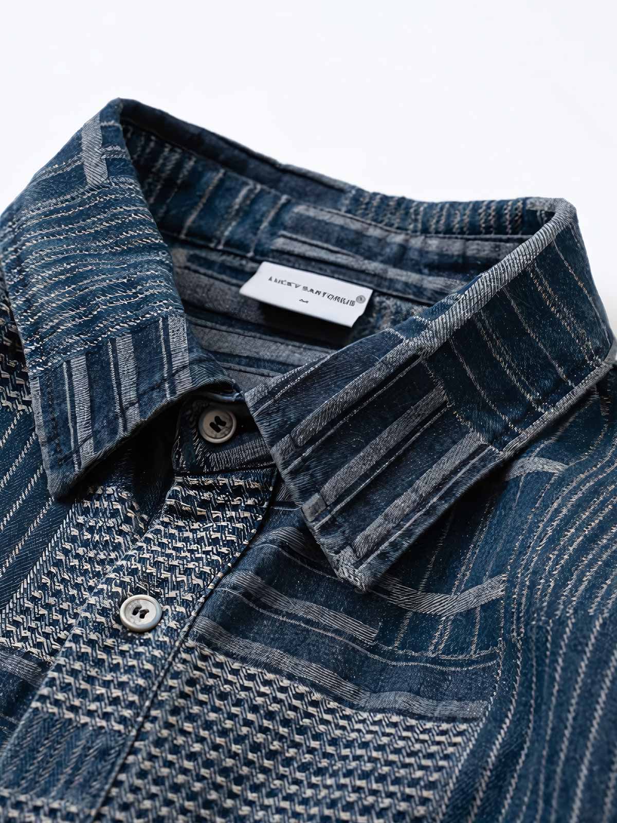 製品画像: ヴィンテージ不規則パッチワークデニム長袖シャツの平置き画像
詳細画像: デニムシャツの不規則パッチワークディテール