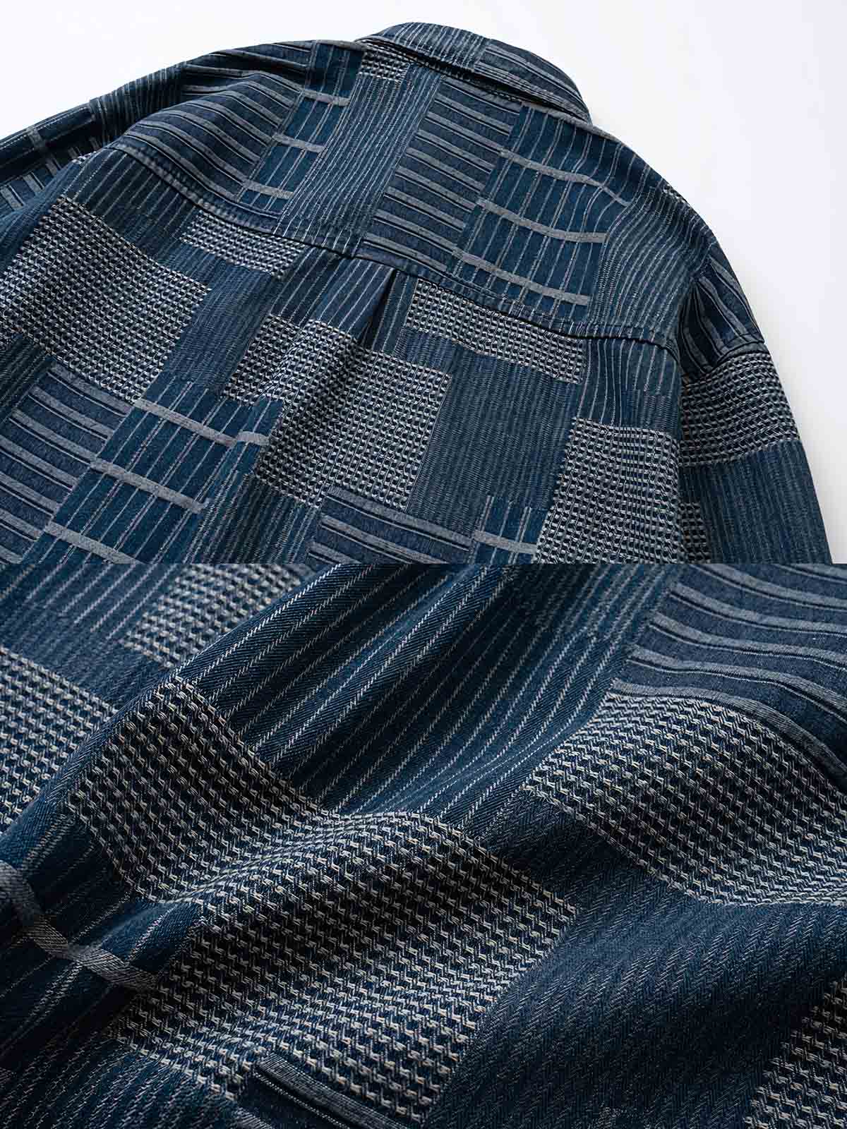 製品画像: ヴィンテージ不規則パッチワークデニム長袖シャツの平置き画像
詳細画像: デニムシャツの不規則パッチワークディテール