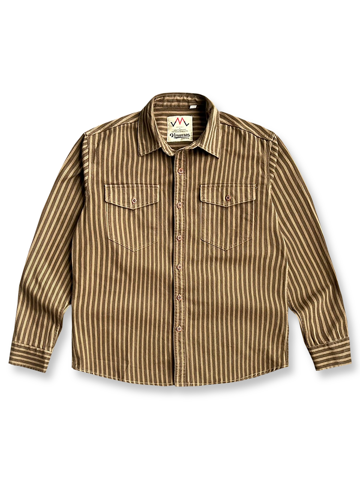 製品画像: ヴィンテージウォッシュストライプ長袖シャツの平置き画像
詳細画像: シャツの胸ポケットとストライプ柄のディテール