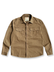 製品画像: ヴィンテージウォッシュストライプ長袖シャツの平置き画像
詳細画像: シャツの胸ポケットとストライプ柄のディテール