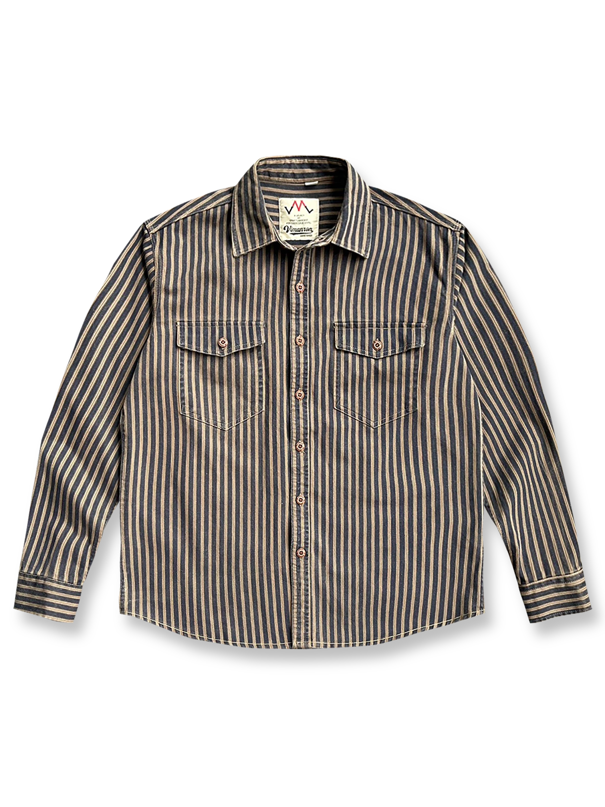 製品画像: ヴィンテージウォッシュストライプ長袖シャツの平置き画像
詳細画像: シャツの胸ポケットとストライプ柄のディテール