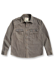 製品画像: ヴィンテージウォッシュストライプ長袖シャツの平置き画像
詳細画像: シャツの胸ポケットとストライプ柄のディテール