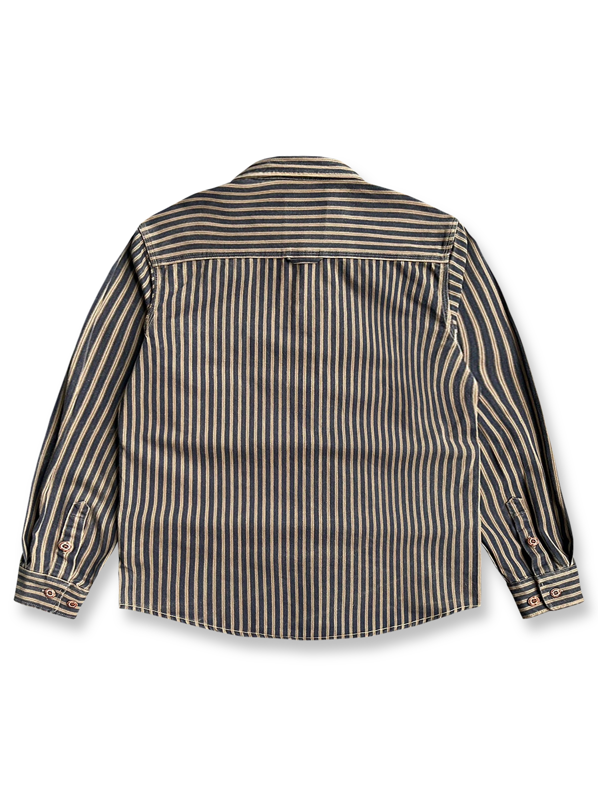 製品画像: ヴィンテージウォッシュストライプ長袖シャツの平置き画像
詳細画像: シャツの胸ポケットとストライプ柄のディテール