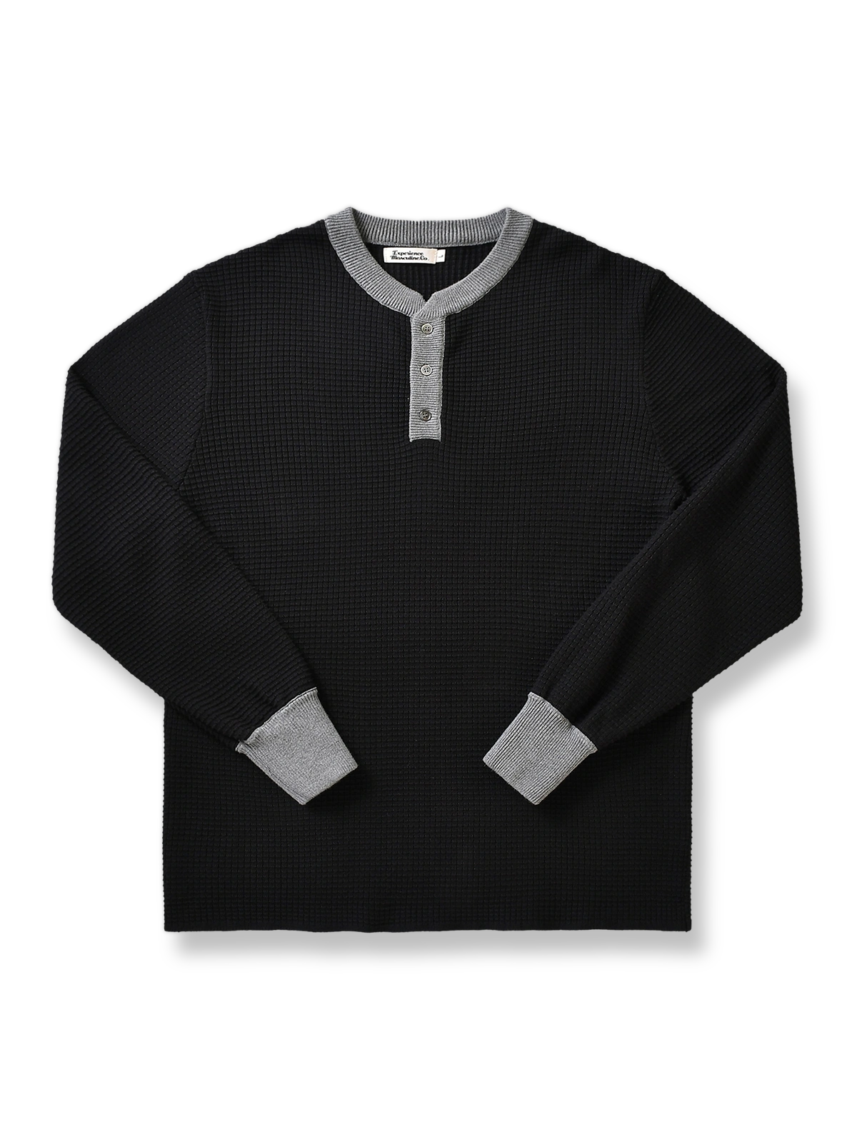 製品画像: ヘンリーネック配色ワッフル柄長袖Tシャツの平置き写真
詳細画像: 配色ヘンリーネックとワッフル柄のテクスチャー詳細