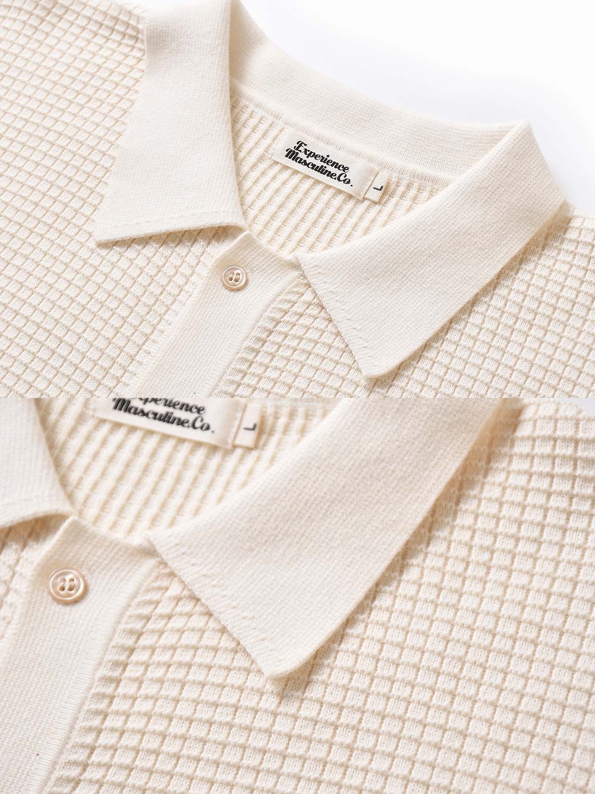 製品画像: コットン製キューバシャツ風ニットシャツの平置き画像 - ワッフル編みとキューバシャツ風デザインが特徴
詳細画像: ワッフル編みのテクスチャとキューバシャツ風襟のディテールをクローズアップ