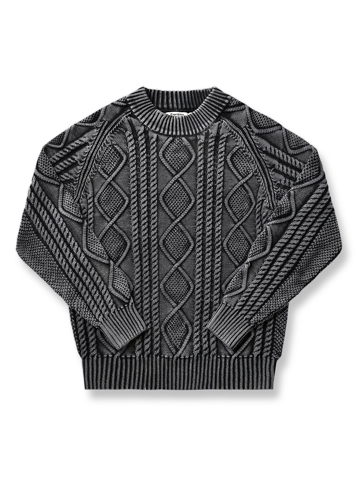 製品画像: ヘビーウェイトツイストケーブルセーラーセミハイネックセーターの平置き画像 - アメカジ風デザインと立体的なケーブル編み
詳細画像: セーターのケーブル編みとウォッシュ加工のディテール - ヴィンテージ感を演出