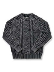 製品画像: ヘビーウェイトツイストケーブルセーラーセミハイネックセーターの平置き画像 - アメカジ風デザインと立体的なケーブル編み
詳細画像: セーターのケーブル編みとウォッシュ加工のディテール - ヴィンテージ感を演出