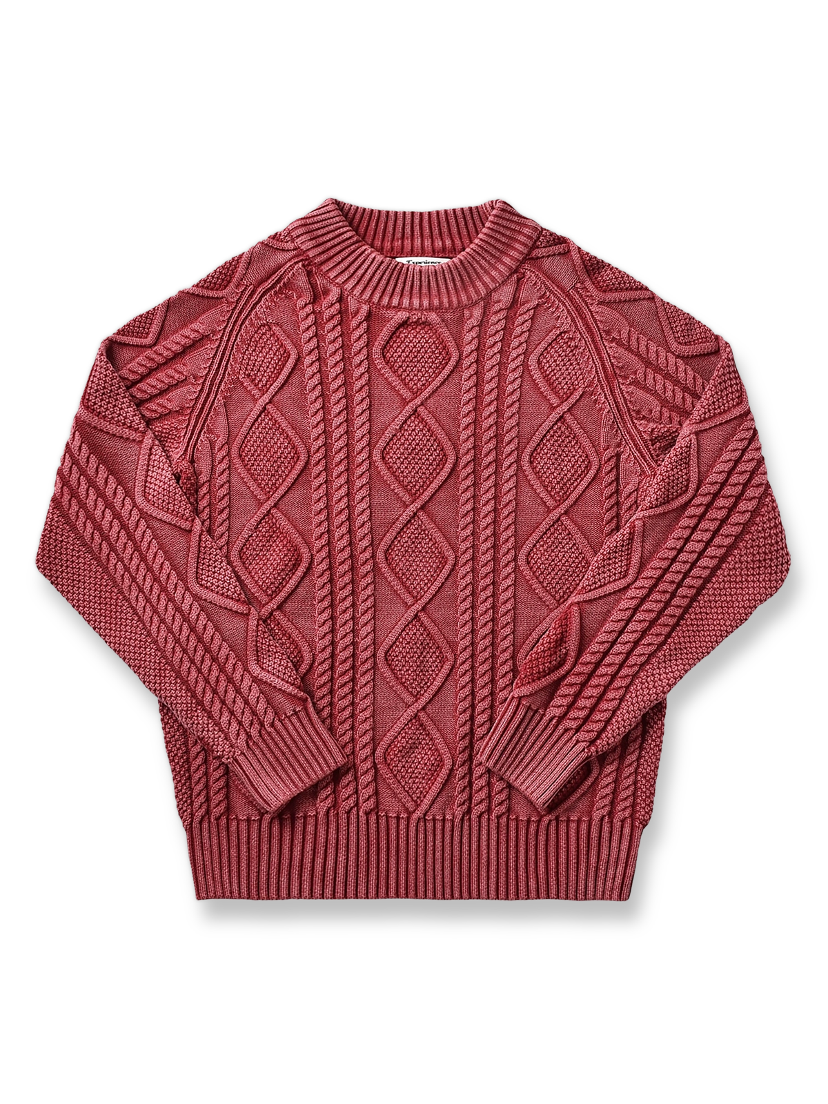 製品画像: ヘビーウェイトツイストケーブルセーラーセミハイネックセーターの平置き画像 - アメカジ風デザインと立体的なケーブル編み
詳細画像: セーターのケーブル編みとウォッシュ加工のディテール - ヴィンテージ感を演出