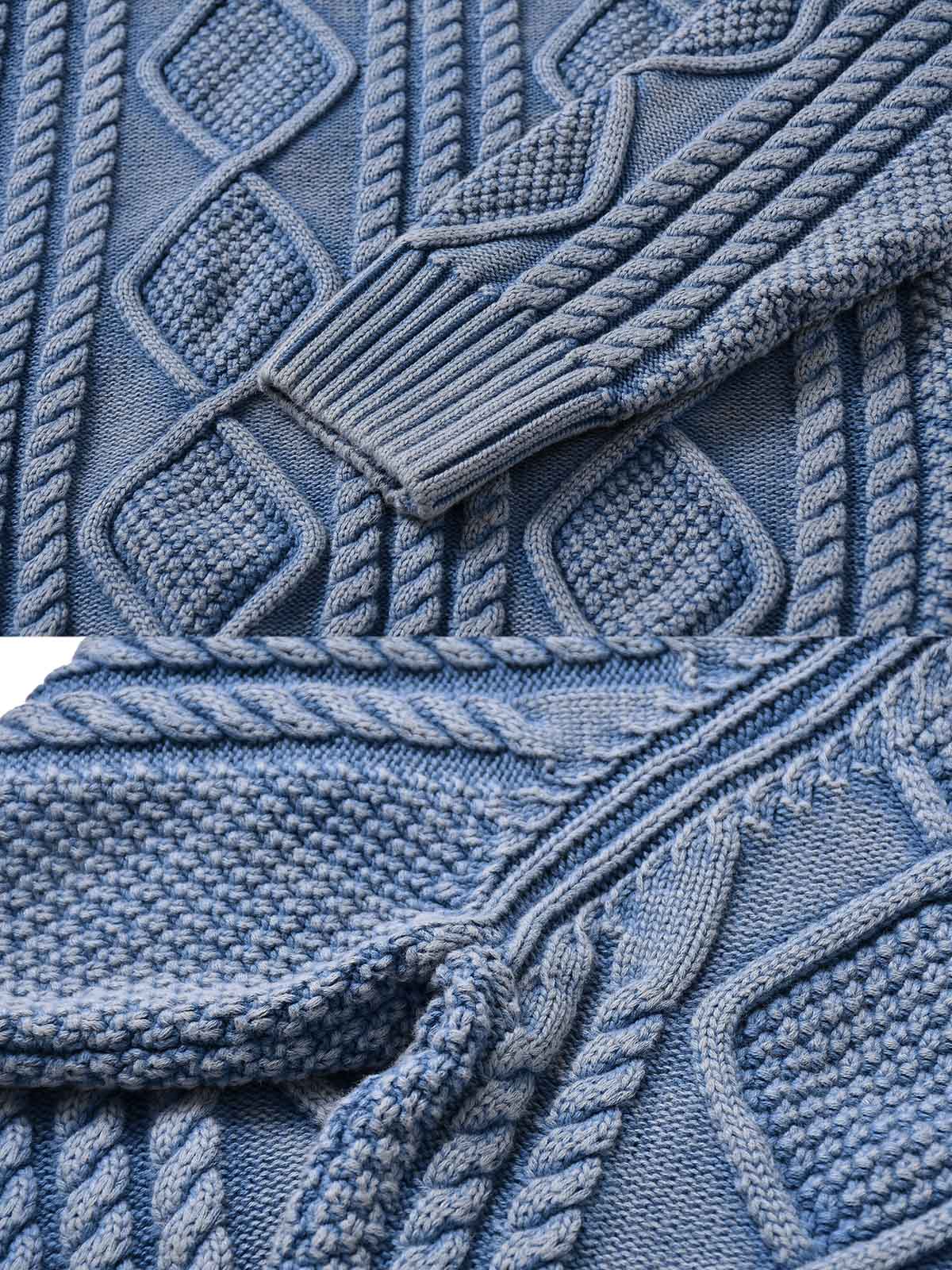 製品画像: ヘビーウェイトツイストケーブルセーラーセミハイネックセーターの平置き画像 - アメカジ風デザインと立体的なケーブル編み
詳細画像: セーターのケーブル編みとウォッシュ加工のディテール - ヴィンテージ感を演出