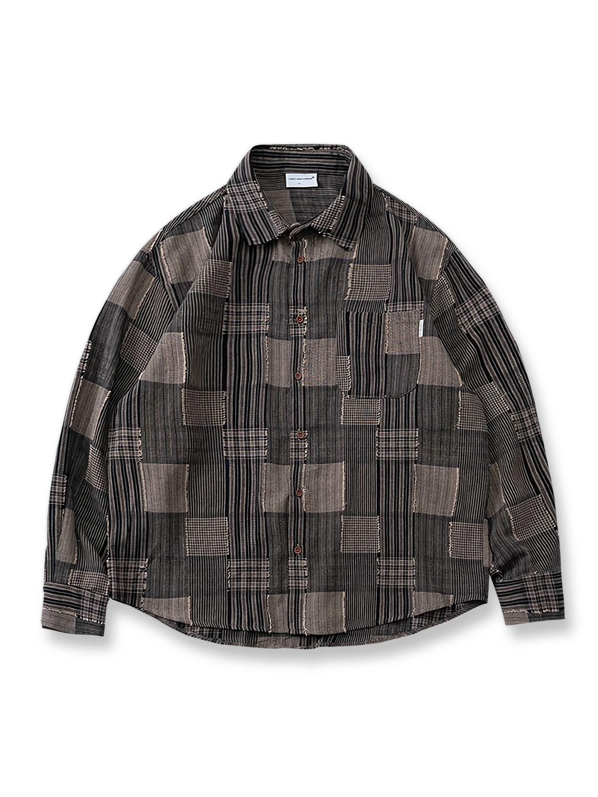 不規則チェック柄パッチワークルーズフィット長袖シャツの平置き画像 - カジュアルなシルエット