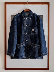 製品画像: 酵磨ウォッシュ竹節ワークデニムジャケット、正面平置き、ヴィンテージ感あふれるデザイン
詳細画像: 竹節のテクスチャーとダブルレイヤーポケットのディテール特写