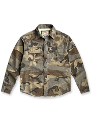 製品画像: ヴィンテージウォッシュ迷彩ワークシャツの平置き画像
詳細画像: 迷彩柄と胸ポケットのディテール特写