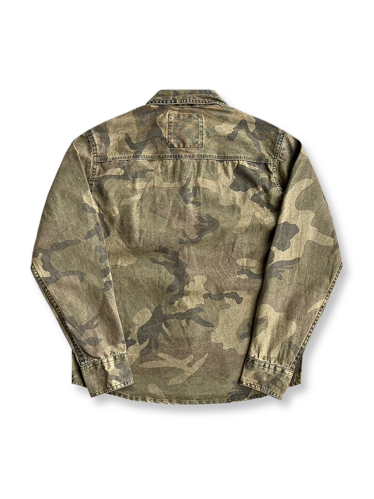 製品画像: ヴィンテージウォッシュ迷彩ワークシャツの平置き画像
詳細画像: 迷彩柄と胸ポケットのディテール特写