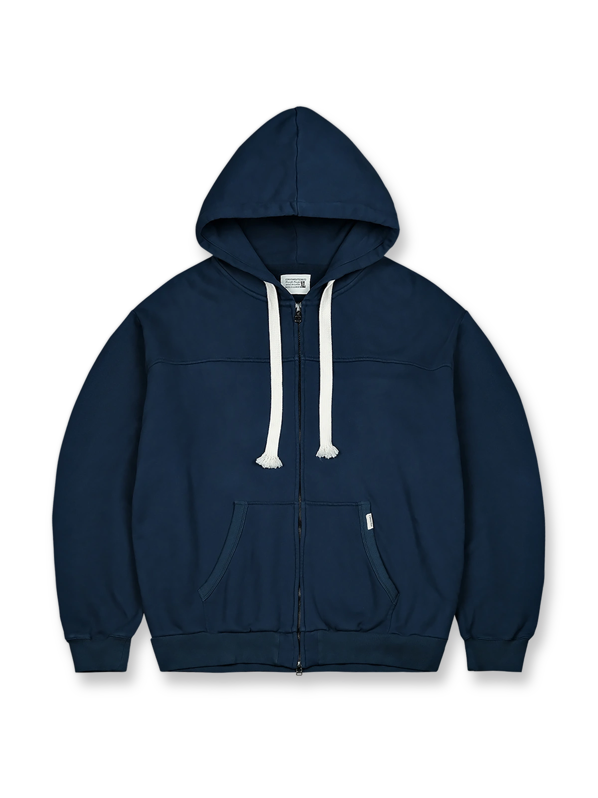 製品画像: ヴィンテージライクなデザインが特徴の360g裏起毛コットン素材フルジップパーカー、ネイビー、グレー、マゼンタピンクの3色展開
詳細画像: YKK製ダブルジッパーとアイボリーの編み込みコットン紐のディテール、ヴィンテージ感を高めるアクセント特写