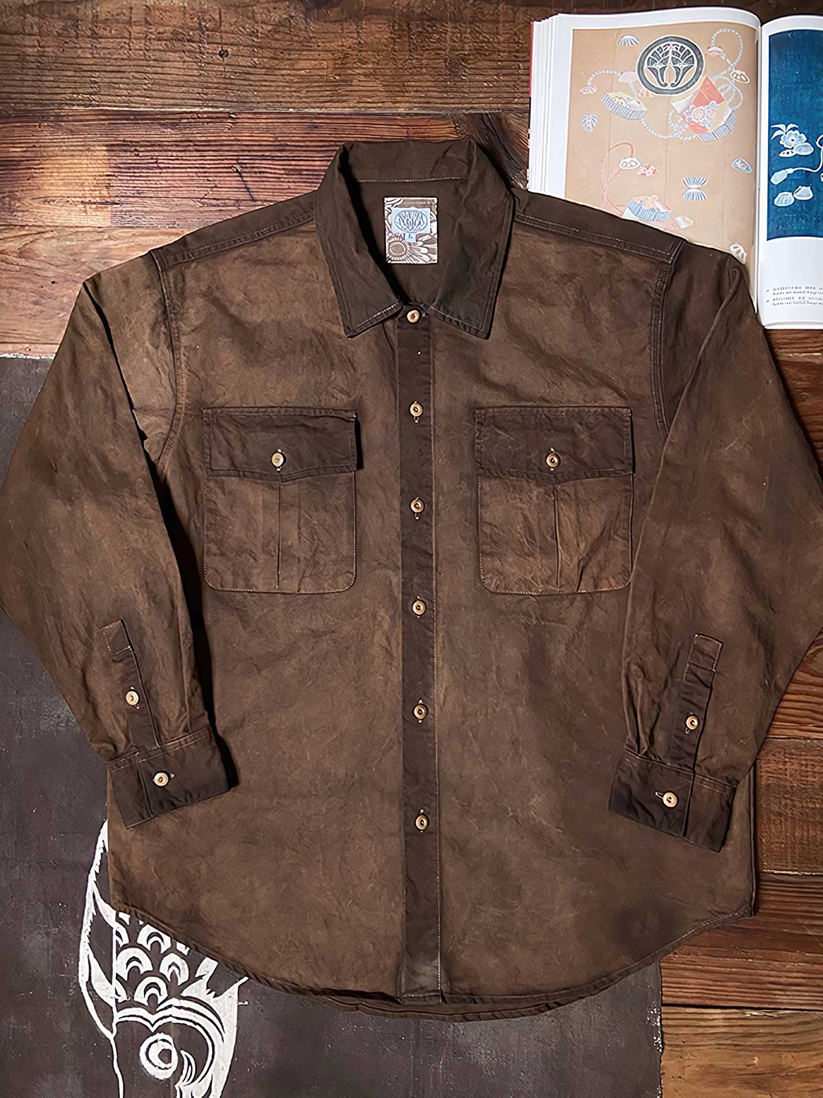 薯莨染めヴィンテージ長袖シャツ 全体画像