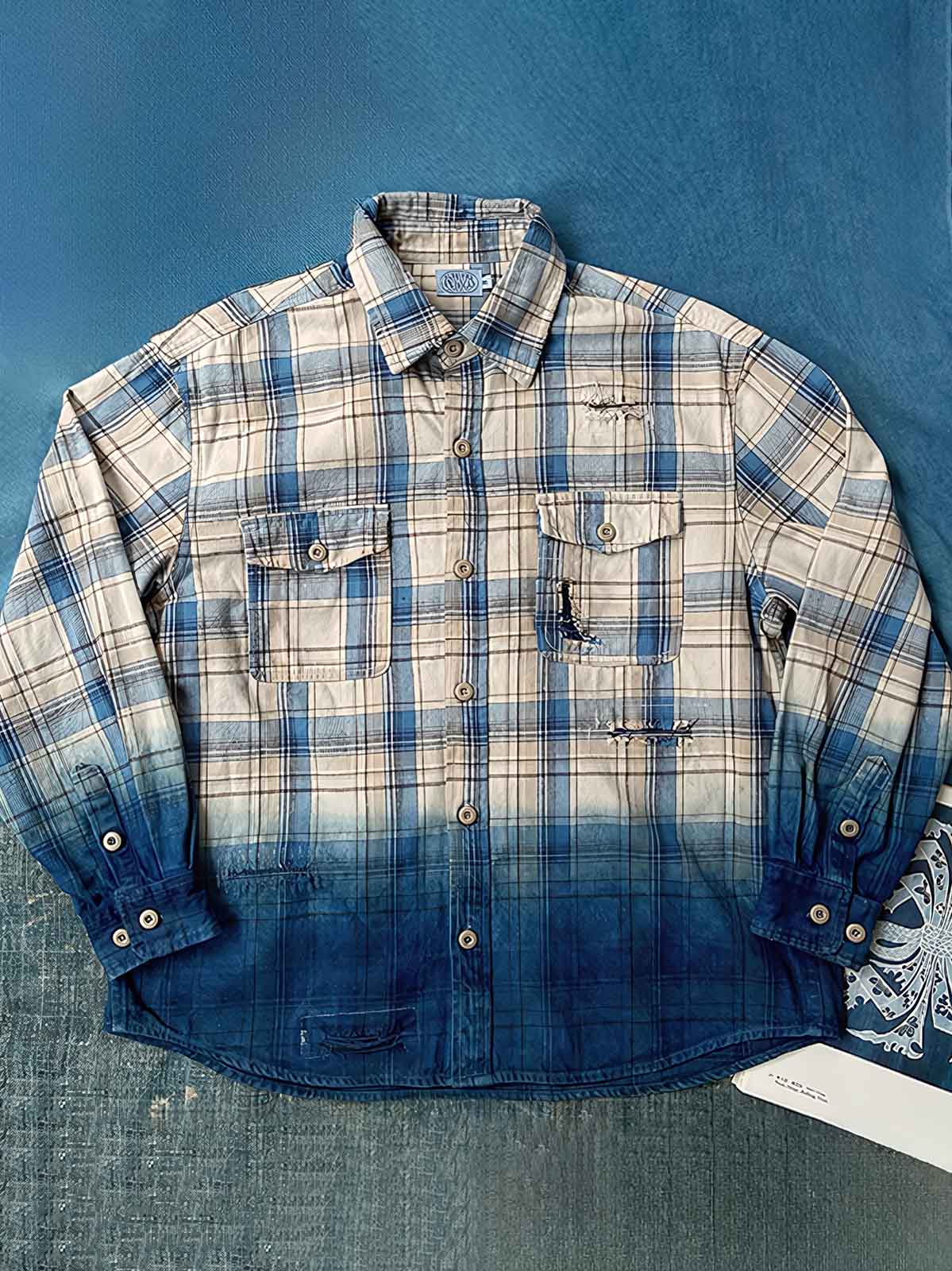 藍染めグラデーションチェック柄シャツ 全体画像