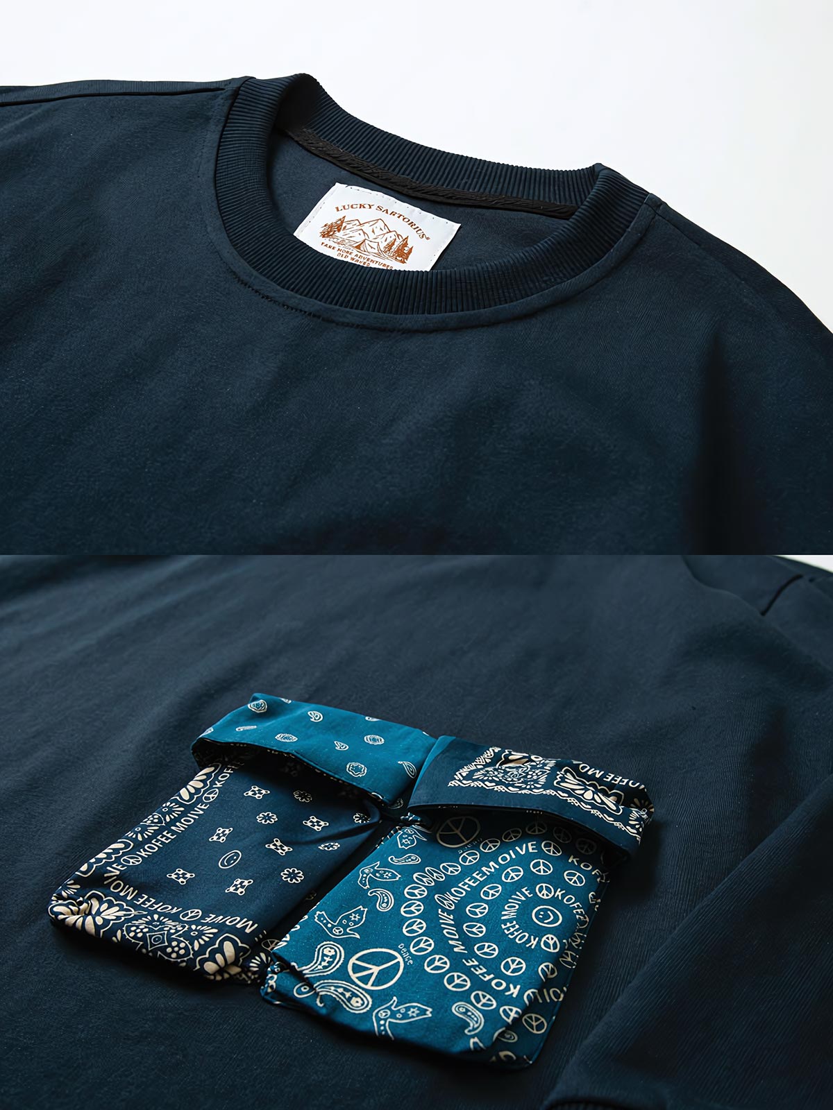 肘と胴部のペイズリー柄パッチワークのディテール