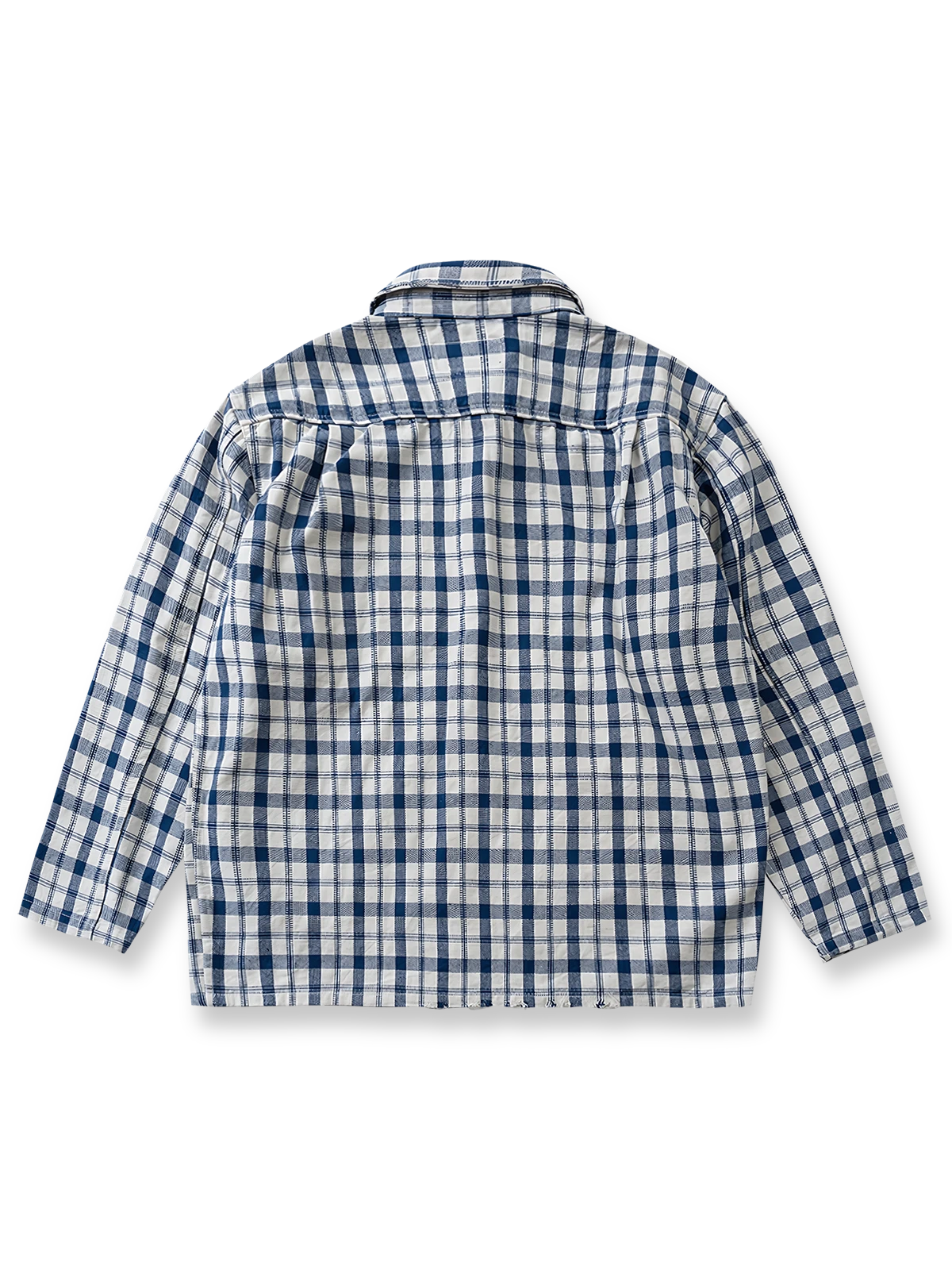 デニムパッチワークとペイントが施されたヴィンテージ風チェックシャツの全体図