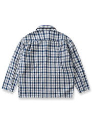 デニムパッチワークとペイントが施されたヴィンテージ風チェックシャツの全体図