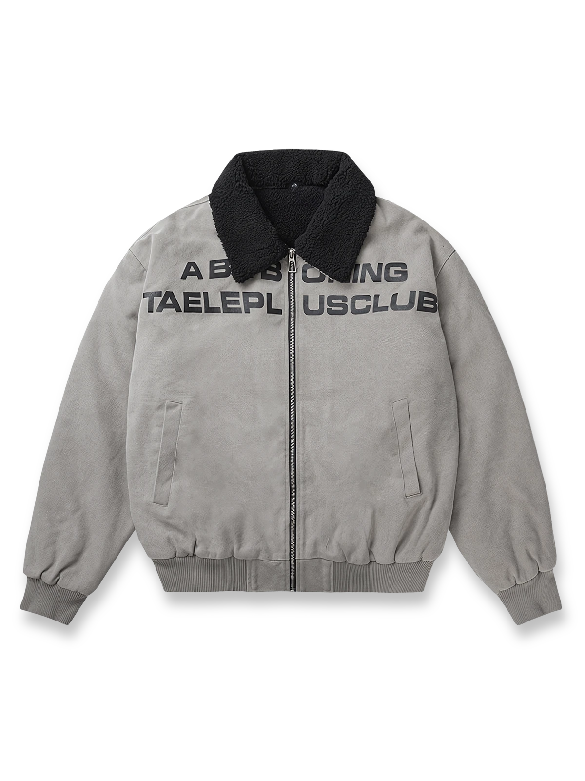 製品画像：フェイクボア襟付き取り外し可能なワークコートの正面展示。ヴィンテージワークスタイルのコート。
詳細画像：取り外し可能なフェイクボア襟とジッパーのディテール。デザインと実用性を兼ね備えたディテール。