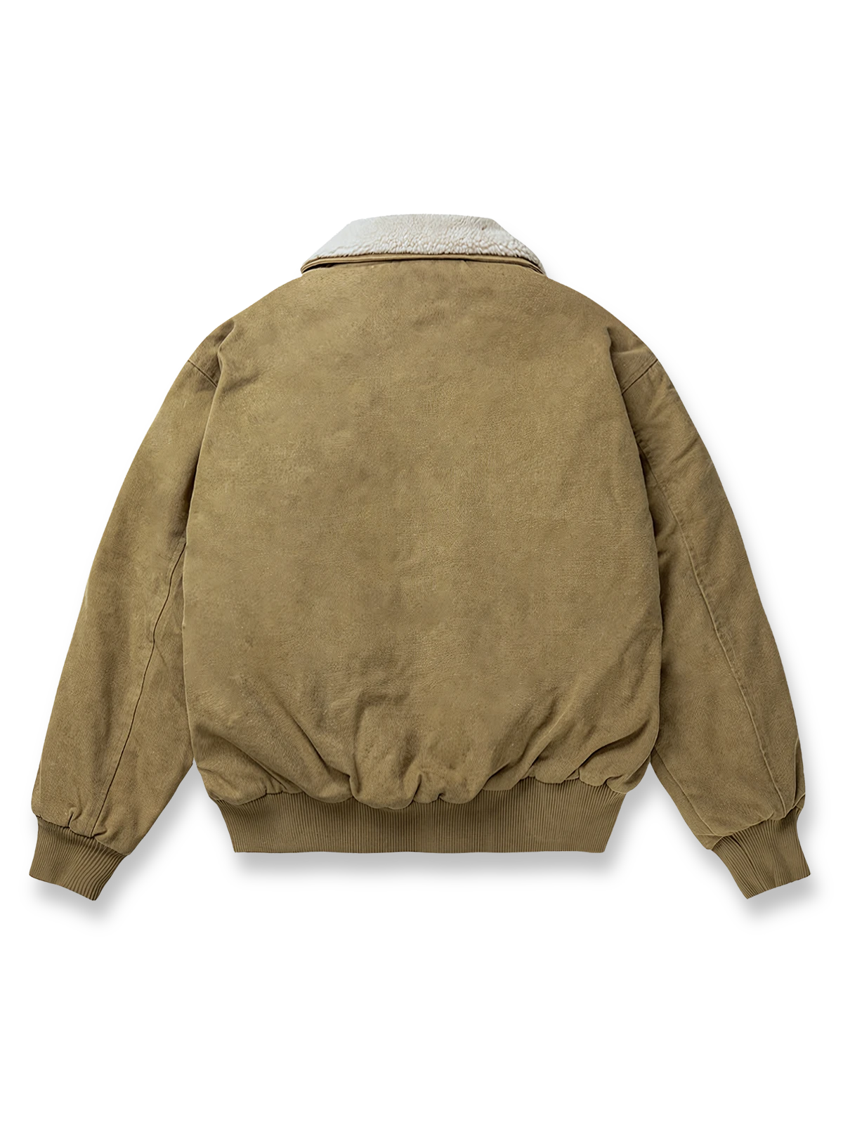 製品画像：フェイクボア襟付き取り外し可能なワークコートの正面展示。ヴィンテージワークスタイルのコート。
詳細画像：取り外し可能なフェイクボア襟とジッパーのディテール。デザインと実用性を兼ね備えたディテール。