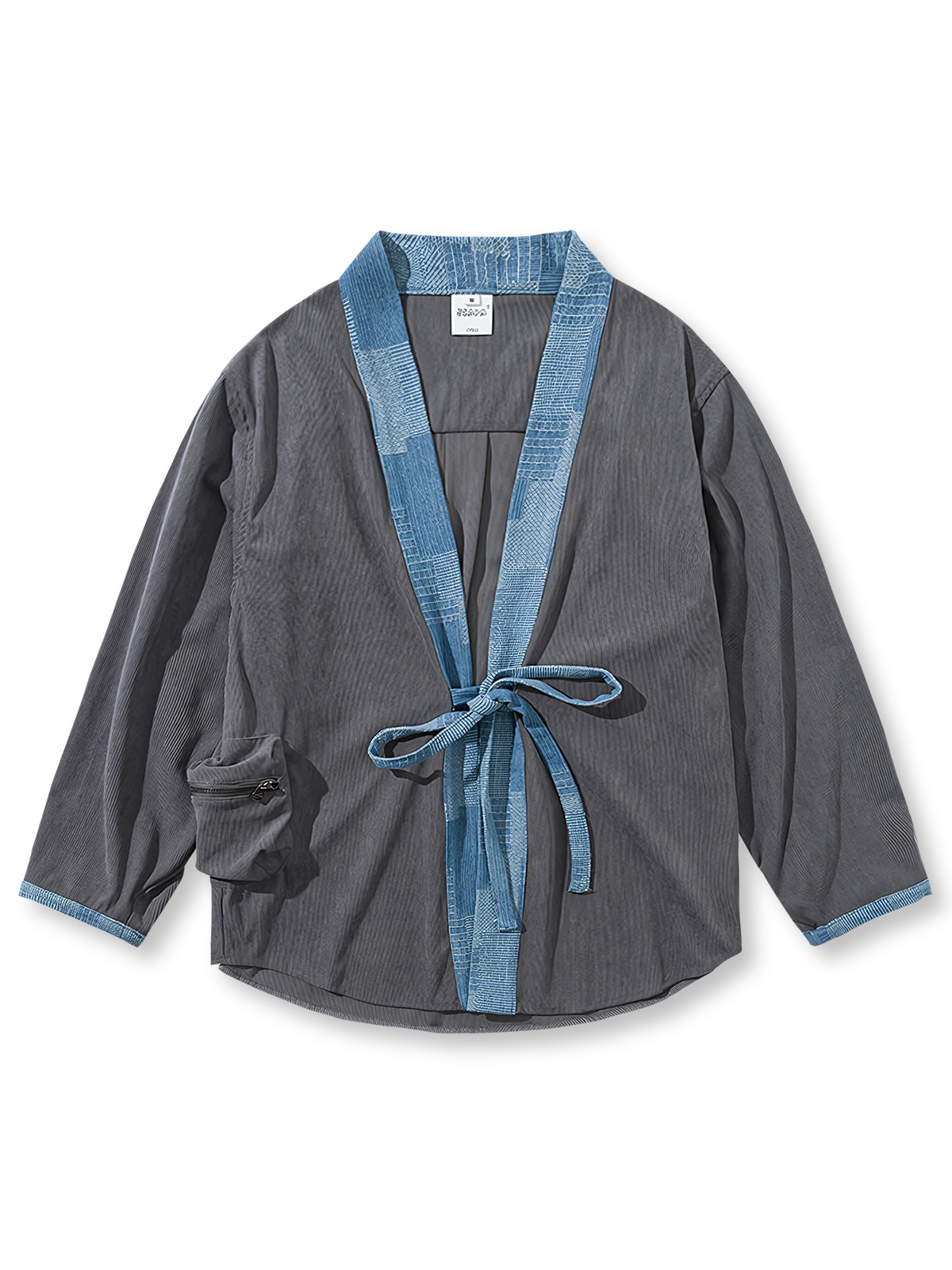 製品画像：コーデュロイ配色タイ付きはんてん風アウターの正面展示。ヴィンテージ感あふれるデザインが特徴。
詳細画像：襟元と袖口の配色デザインとタイ付きディテール。シンプルかつ個性的なデザイン。
