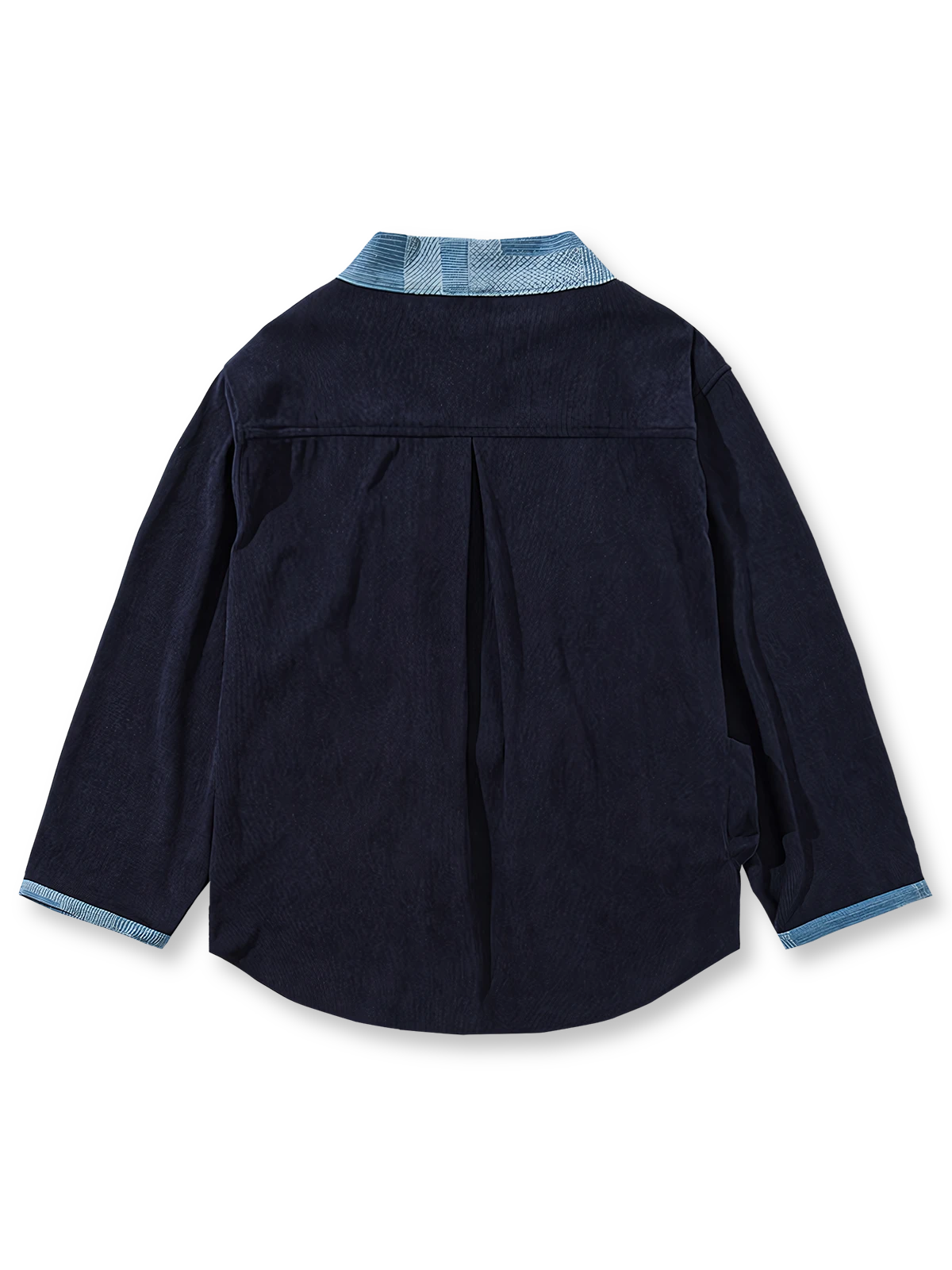 製品画像：コーデュロイ配色タイ付きはんてん風アウターの正面展示。ヴィンテージ感あふれるデザインが特徴。
詳細画像：襟元と袖口の配色デザインとタイ付きディテール。シンプルかつ個性的なデザイン。