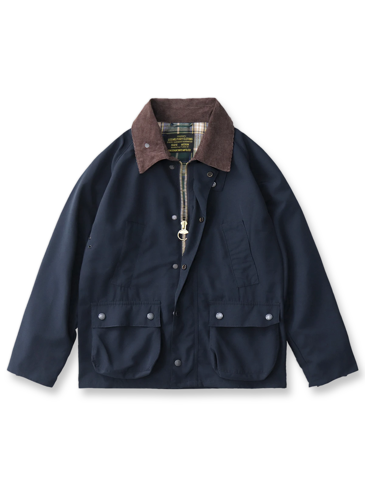 製品画像: "ヴィンテージコーデュロイ襟オイルドハンティングジャケットの正面ビュー、防風・防水のクラシックデザイン"
詳細画像: "コーデュロイ襟とYKKダブルジッパーのディテール特写、耐久性のあるオイルド加工"
