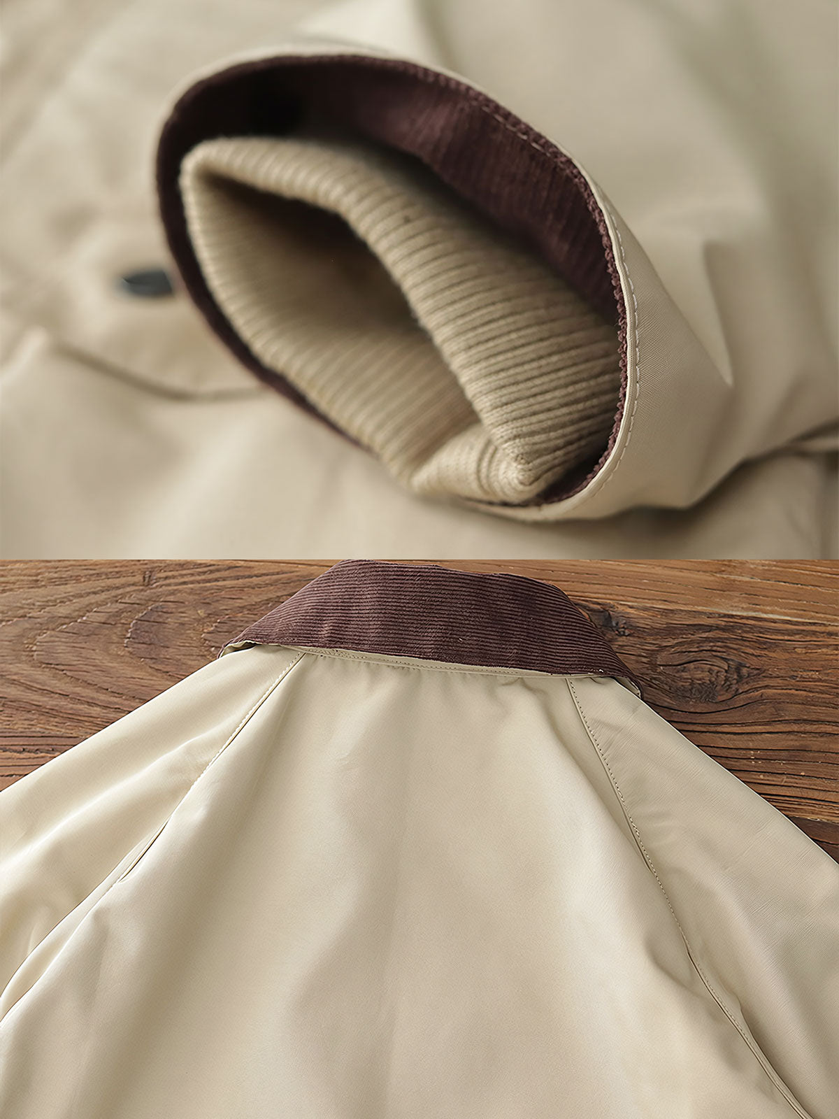 製品画像: "ヴィンテージコーデュロイ襟オイルドハンティングジャケットの正面ビュー、防風・防水のクラシックデザイン"
詳細画像: "コーデュロイ襟とYKKダブルジッパーのディテール特写、耐久性のあるオイルド加工"