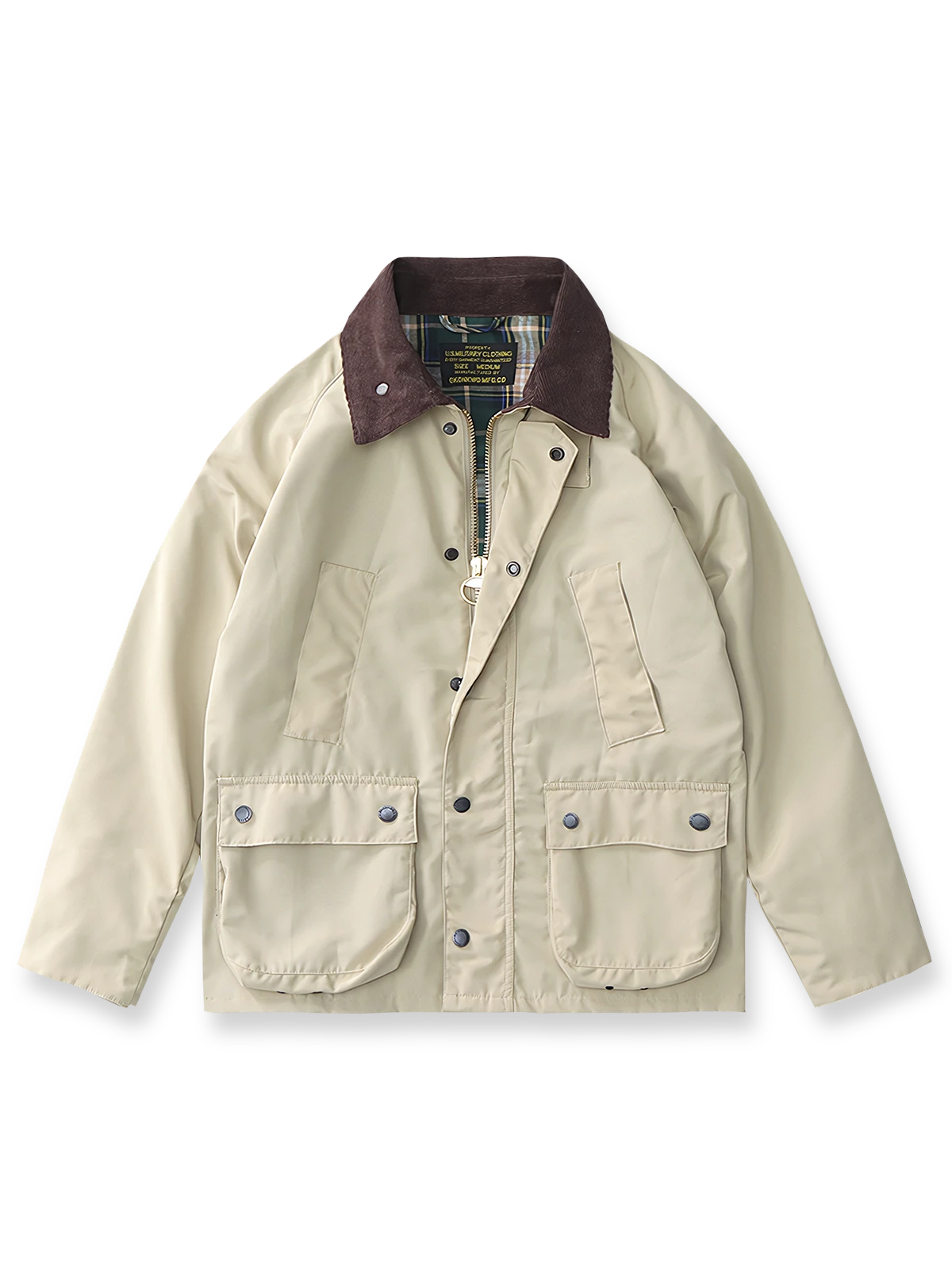 製品画像: "ヴィンテージコーデュロイ襟オイルドハンティングジャケットの正面ビュー、防風・防水のクラシックデザイン"
詳細画像: "コーデュロイ襟とYKKダブルジッパーのディテール特写、耐久性のあるオイルド加工"