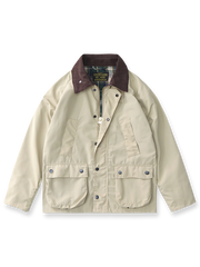 製品画像: "ヴィンテージコーデュロイ襟オイルドハンティングジャケットの正面ビュー、防風・防水のクラシックデザイン"
詳細画像: "コーデュロイ襟とYKKダブルジッパーのディテール特写、耐久性のあるオイルド加工"