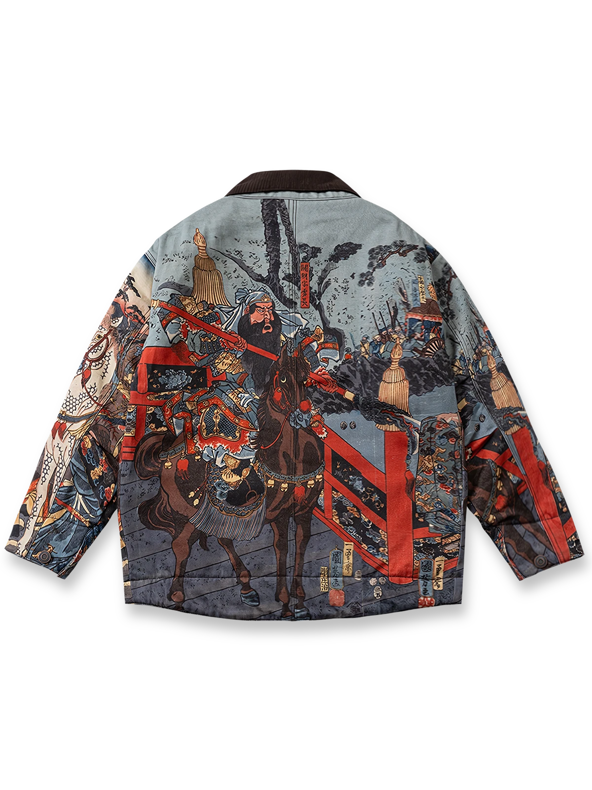 製品画像: "三国関羽プリント中綿ジャケットの正面ビュー、東洋ヴィンテージスタイルを強調したデザイン"
詳細画像: "三国関羽のテーマプリントのディテールと高品質コットン素材の特写、独特なデザイン"