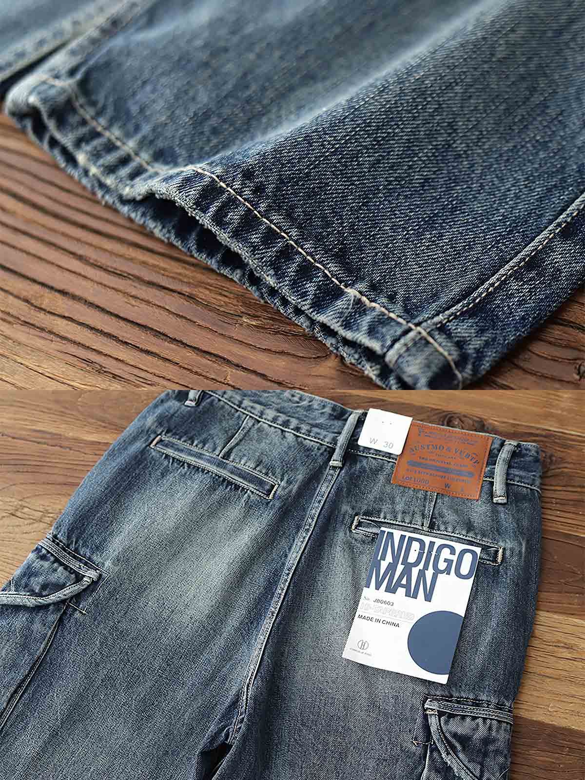 製品画像: レトロウォッシュ加工のヘビーウェイトデニムワークパンツのフロントビュー
詳細画像: サイドポケットとレザー調整バックルのディテール特写