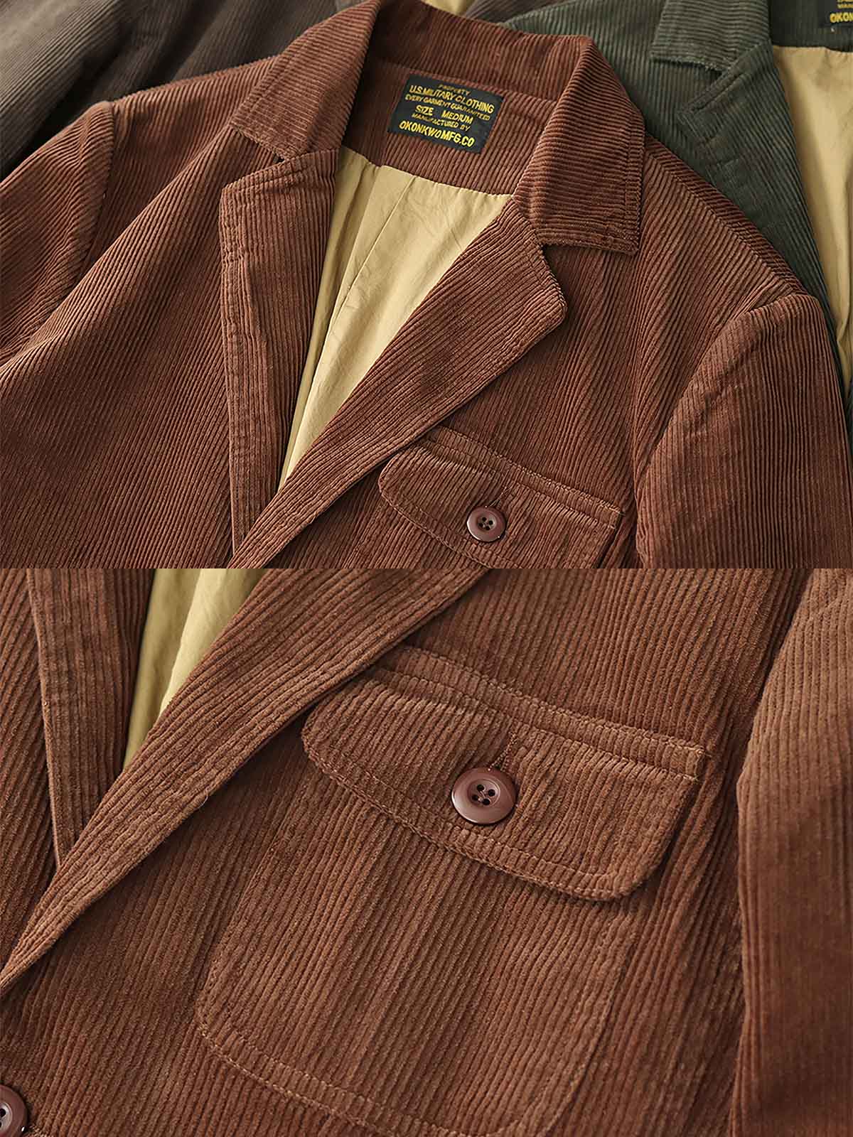 製品画像: "ヘビーコーデュロイレトロブレザージャケットの正面ビュー、アメカジ風のデザイン"
詳細画像: "三つのポケットデザインとコーデュロイのディテール、ウォッシュ加工の風合い"