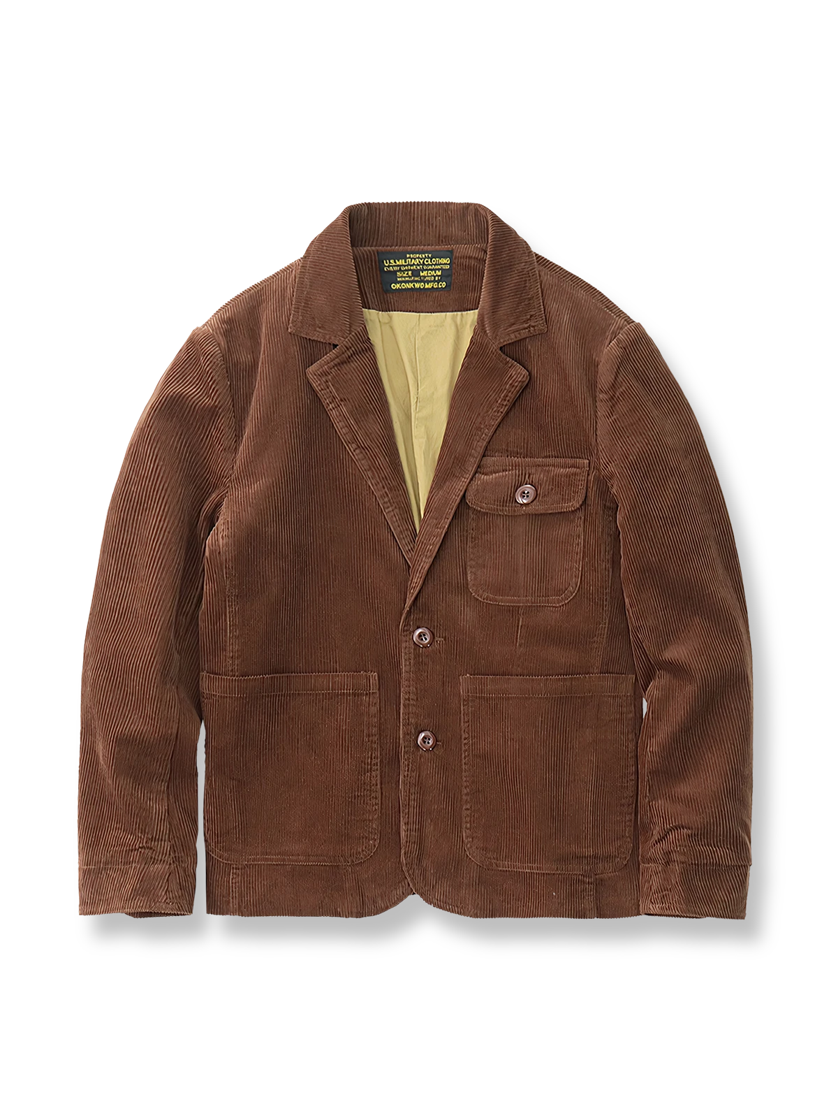 製品画像: "ヘビーコーデュロイレトロブレザージャケットの正面ビュー、アメカジ風のデザイン"
詳細画像: "三つのポケットデザインとコーデュロイのディテール、ウォッシュ加工の風合い"