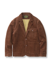 製品画像: "ヘビーコーデュロイレトロブレザージャケットの正面ビュー、アメカジ風のデザイン"
詳細画像: "三つのポケットデザインとコーデュロイのディテール、ウォッシュ加工の風合い"