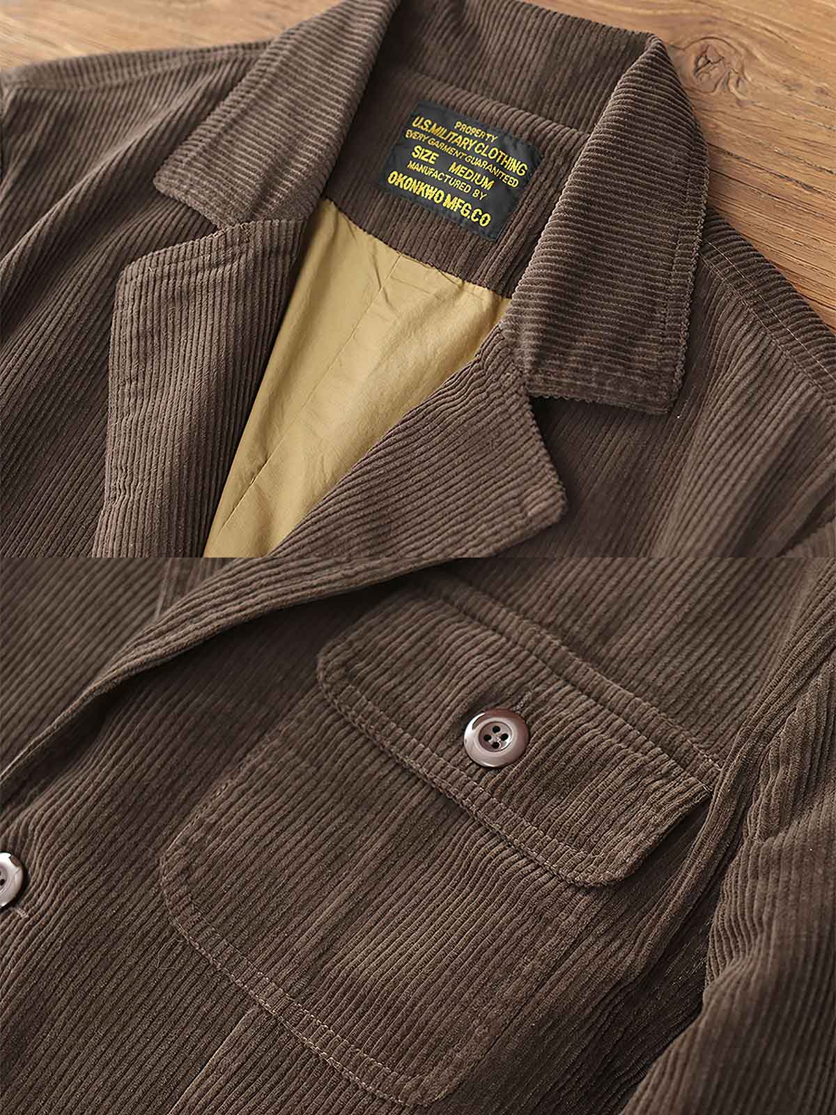 製品画像: "ヘビーコーデュロイレトロブレザージャケットの正面ビュー、アメカジ風のデザイン"
詳細画像: "三つのポケットデザインとコーデュロイのディテール、ウォッシュ加工の風合い"