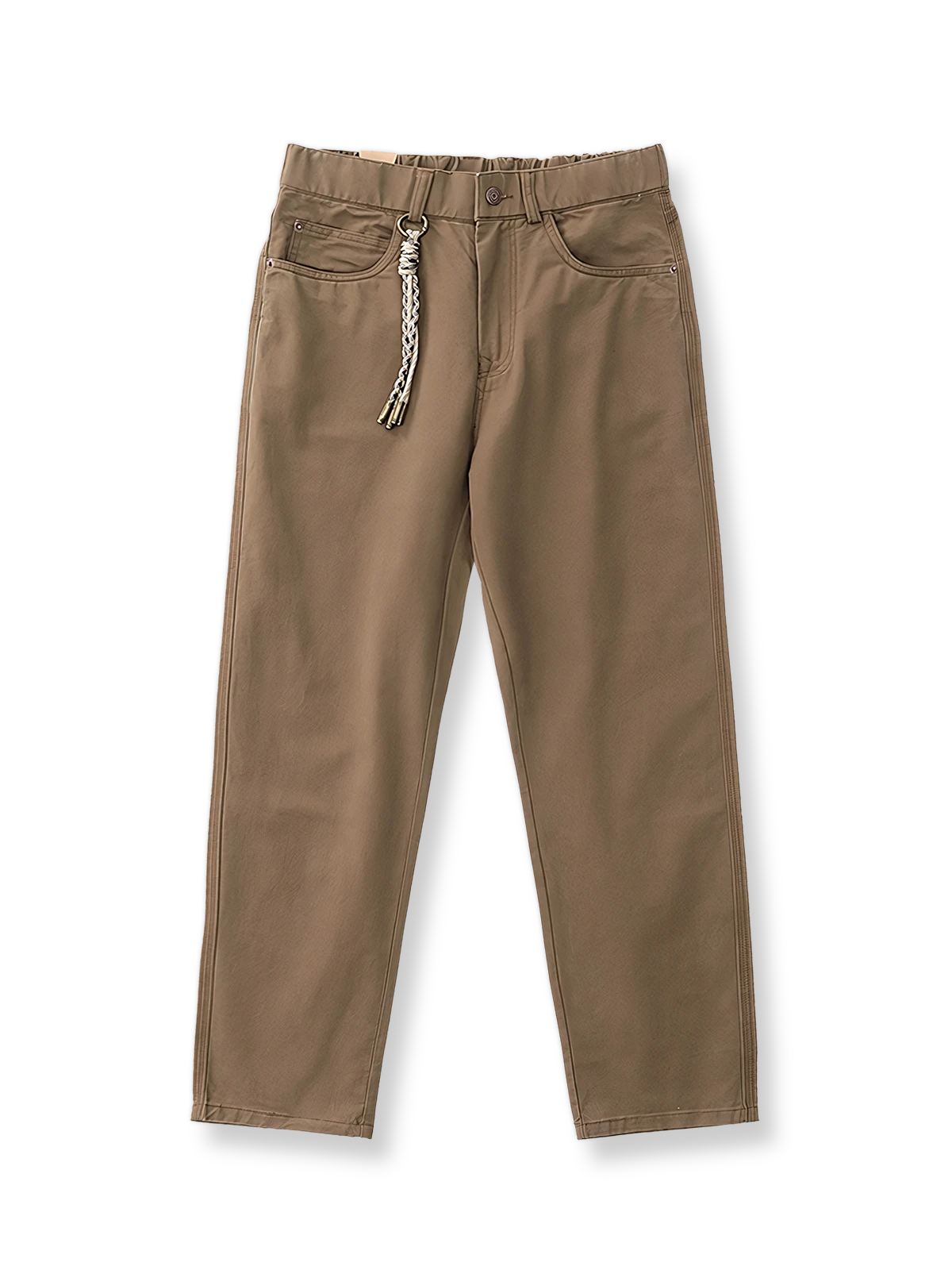 製品画像: "ワークスタイルツイルストレートカジュアルパンツの正面ビュー、クラシックでシンプルなデザイン"
詳細画像: "ジップフライと5ポケットデザインのディテール特写、ウォッシュ加工のツイル素材"