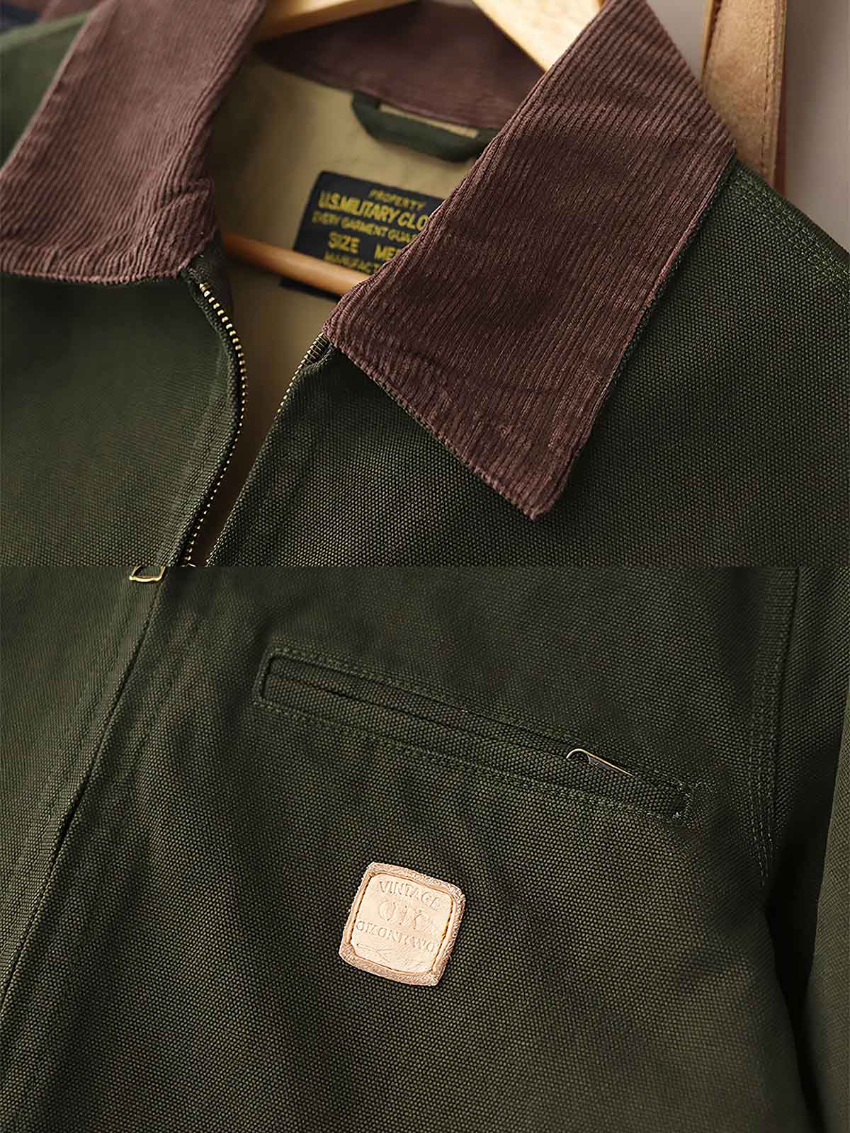 製品画像: "コーデュロイ襟付きハンティングデトロイトキャンバスジャケットの正面ビュー、クラシックなワークスタイル"
詳細画像: "コーデュロイ襟とTalonジッパーのディテール特写、ヴィンテージ感のあるデザイン"