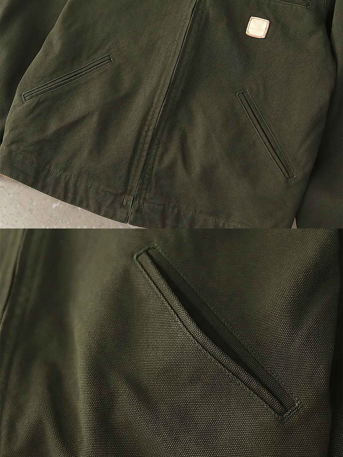 製品画像: "コーデュロイ襟付きハンティングデトロイトキャンバスジャケットの正面ビュー、クラシックなワークスタイル"
詳細画像: "コーデュロイ襟とTalonジッパーのディテール特写、ヴィンテージ感のあるデザイン"