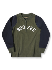 製品画像: ヴィンテージ配色 ラグラン ハーフジップスウェット 正面、クラシックなレトロデザイン
詳細画像: TALONチェーンジッパーと配色デザインのディテール、ヴィンテージ感