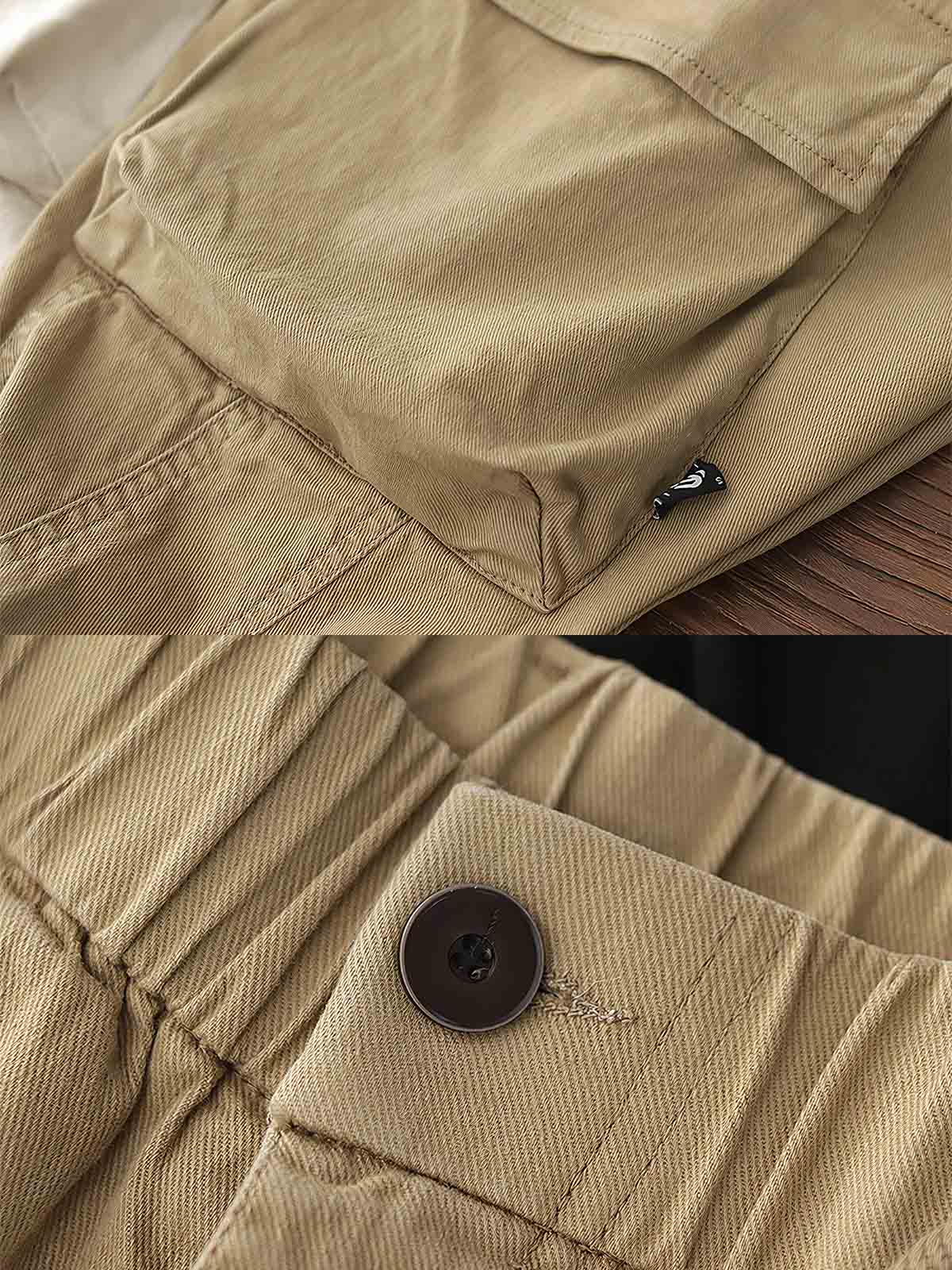 製品画像: ヴィンテージワーク パラシュートジョガーパンツ 正面、ウォッシュ加工とリブウエストデザイン
詳細画像: リブウエストと大きめポケットのディテール、微ストレッチツイル