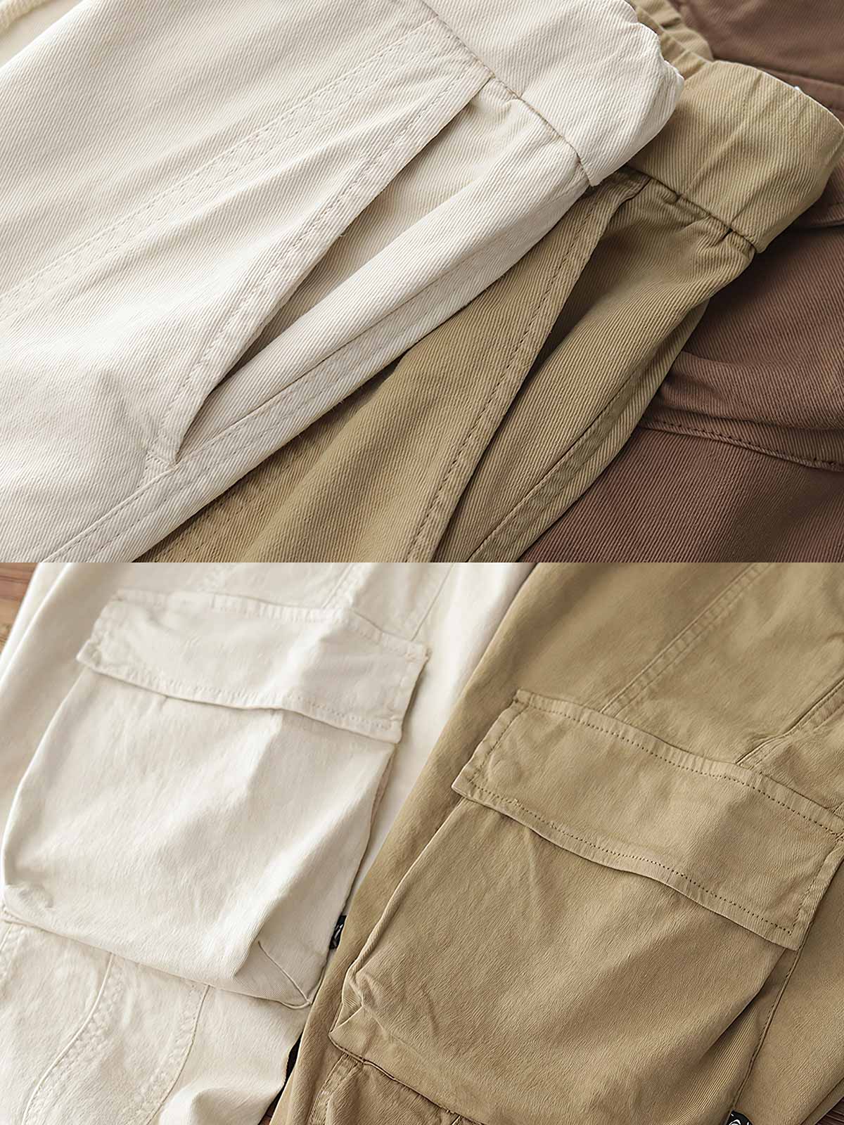 製品画像: ヴィンテージワーク パラシュートジョガーパンツ 正面、ウォッシュ加工とリブウエストデザイン
詳細画像: リブウエストと大きめポケットのディテール、微ストレッチツイル