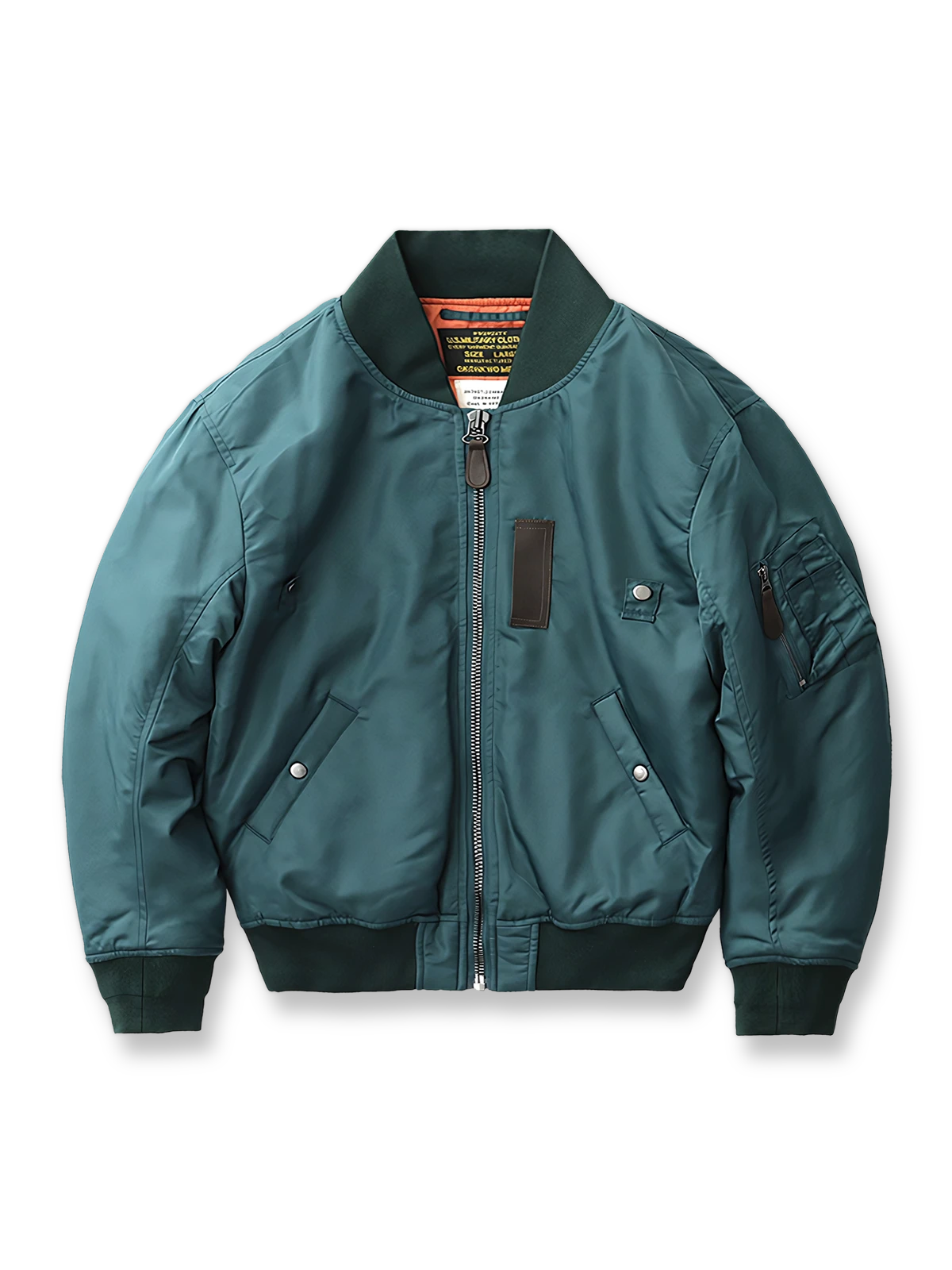 製品画像: MA-1 撥水性 厚手 フライトジャケット 正面、レトロなデザインと実用性
詳細画像: TALON No.10ジッパーとシグネチャースリーブポケットのディテール、耐久性と高級感